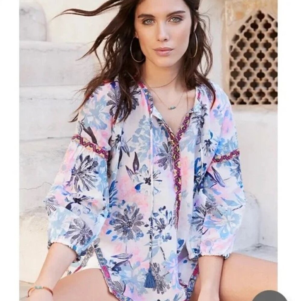 💕JOHNNY WAS WORKSHOP💕 Embroidered Peasant Blouse ~ Painterly Floral Print XS